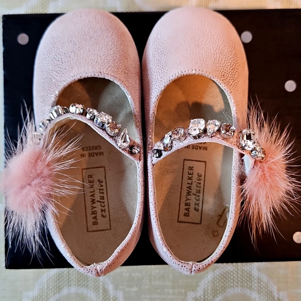 Babywalker Dusty Pink Leather Fur Jewel Baby Shoes NWT & box Greece 21 US 18-24m